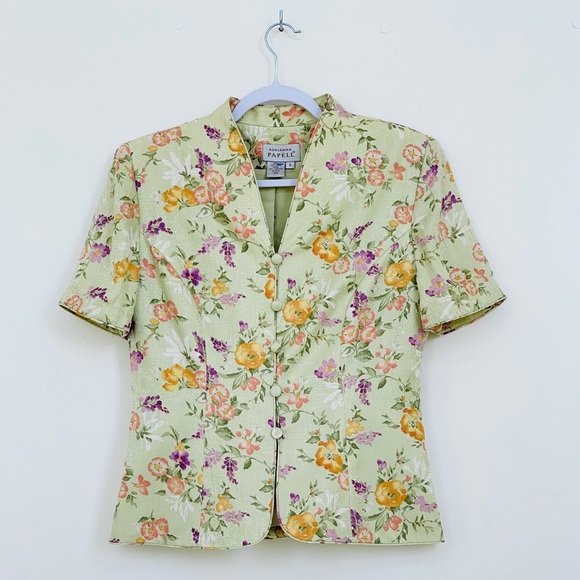 Adrianna Papell 100% Silk Jacket Short Sleeve Green Floral Buttons Front Lining - Picture 12 of 12